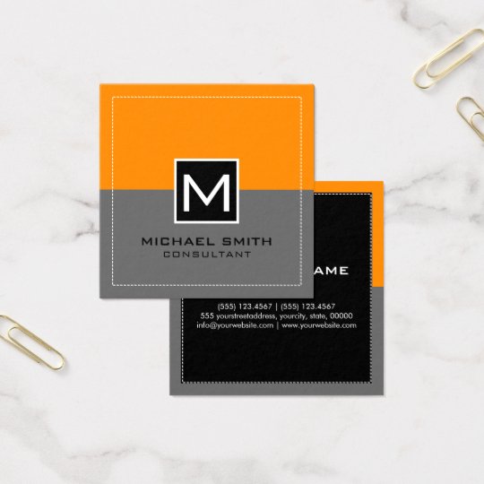Monogram Elegant Modern Grey Orange Square Business Card