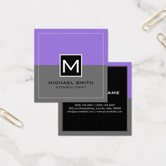 Monogram Elegant Modern Grey Pastel Purple Square Business Card