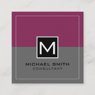 Monogram Elegant Modern Grey Raspberry Square Business Card