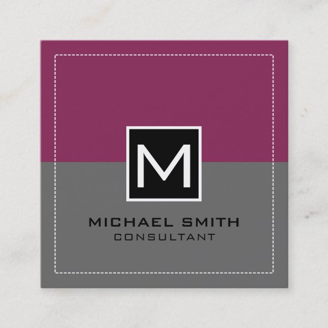 Monogram Elegant Modern Grey Raspberry Square Business Card (Front)
