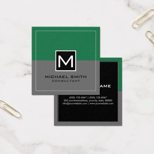 Monogram Elegant Modern Grey Spring Green Square Business Card