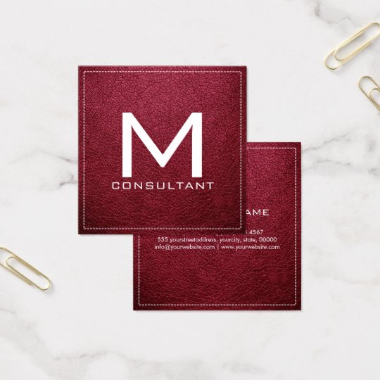 Monogram Elegant Modern Ruby Leather Square Business Card