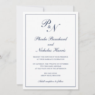 Monogram Elegant Navy Blue All In One Wedding Invitation