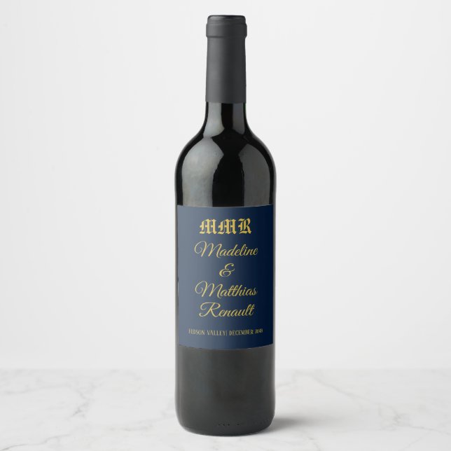Monogram Elegant Navy Blue and Gold Wedding  Wine Label (Front)