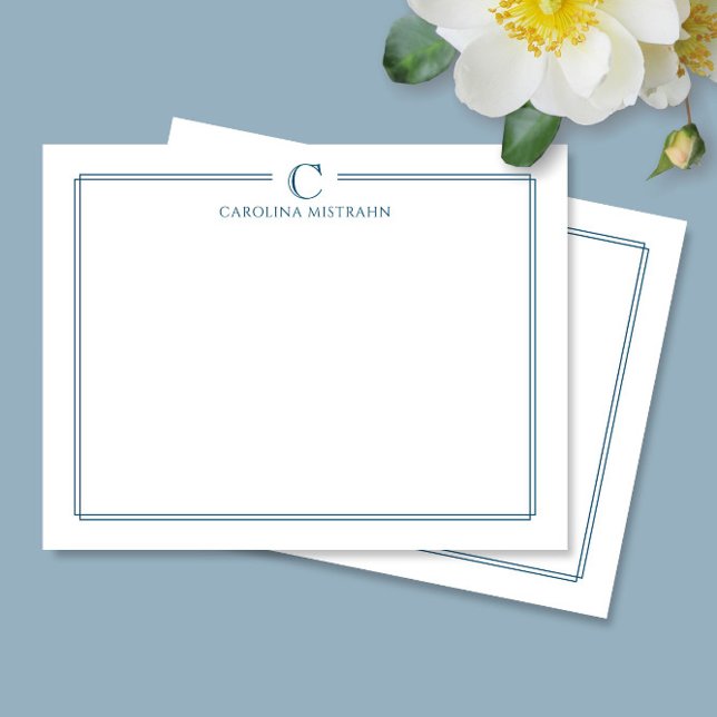 Monogram Elegant Navy Blue Border Stationery Card (Creator Uploaded)