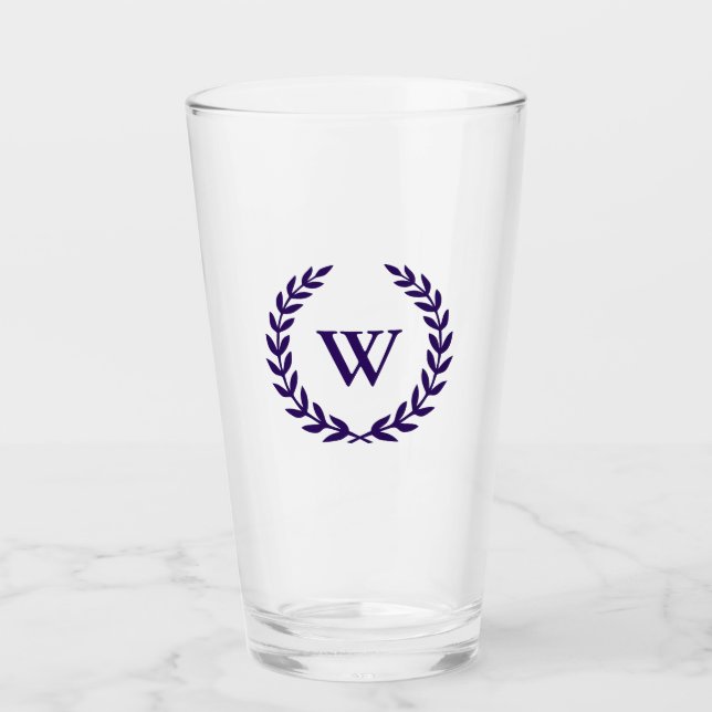 Monogram Elegant Navy Blue Classic Laurel Leaves Glass (Front)