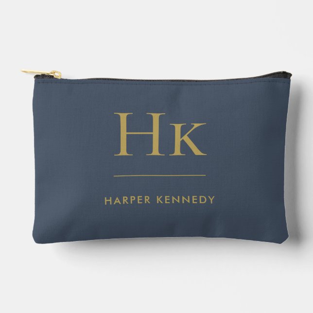 Monogram Elegant Navy Blue Gold Monogrammed Name Accessory Pouch (Front)