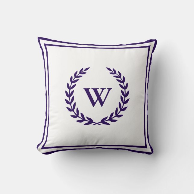 Monogram Elegant Navy Blue White Throw Pillow (Front)
