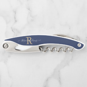 Monogram Elegant Navy Script Initial Name Corkscrew