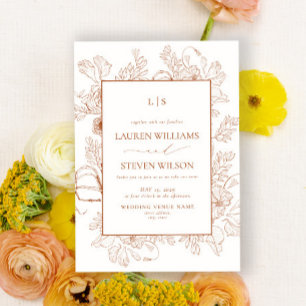 Monogram Elegant Orange Floral Line Art Wedding Invitation