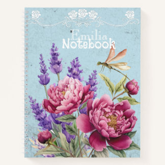 Monogram elegant peonies Lavender Blue Pink Purple Notebook