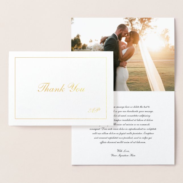 Monogram Elegant Photo Wedding Thank You Gold Foil Card (Display)