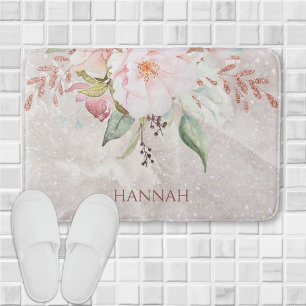 Monogram Elegant Pink Rose and Peony Floral Bath Mat