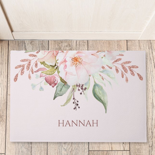 Monogram Elegant Pink Rose and Peony Floral Doormat (In situ)