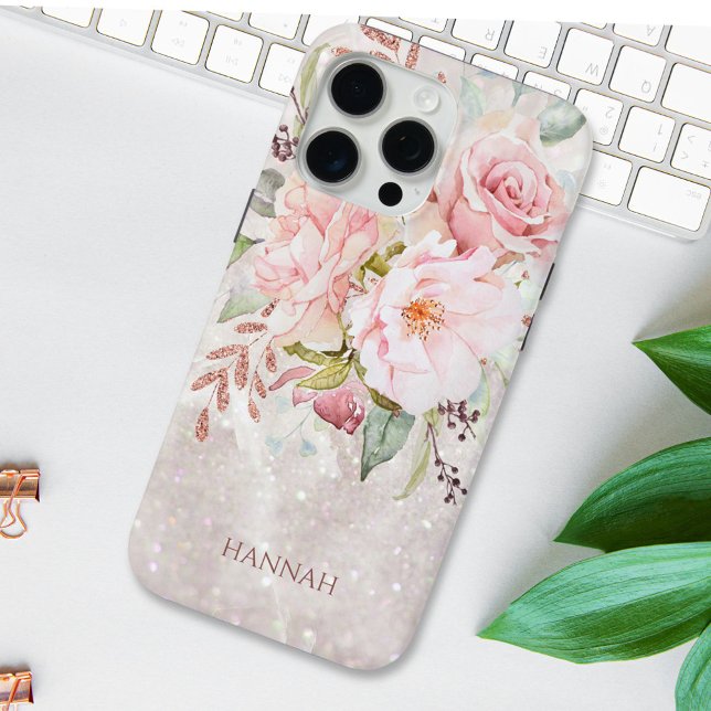 Monogram Elegant Pink Rose Peony Floral Marble Case-Mate iPhone Case (In situ)