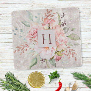Monogram Elegant Pink Rose Peony Floral Marble Cutting Board
