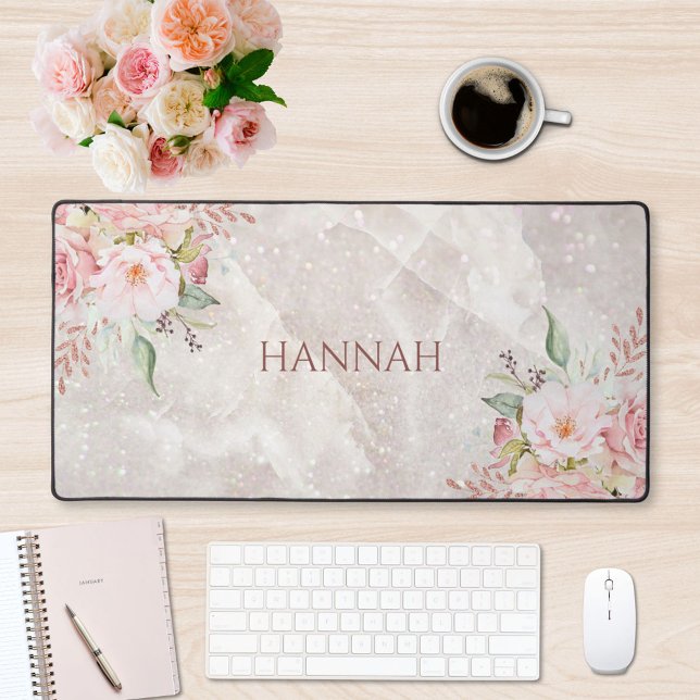 Monogram Elegant Pink Rose Peony Floral Marble Desk Mat (Creator Uploaded)