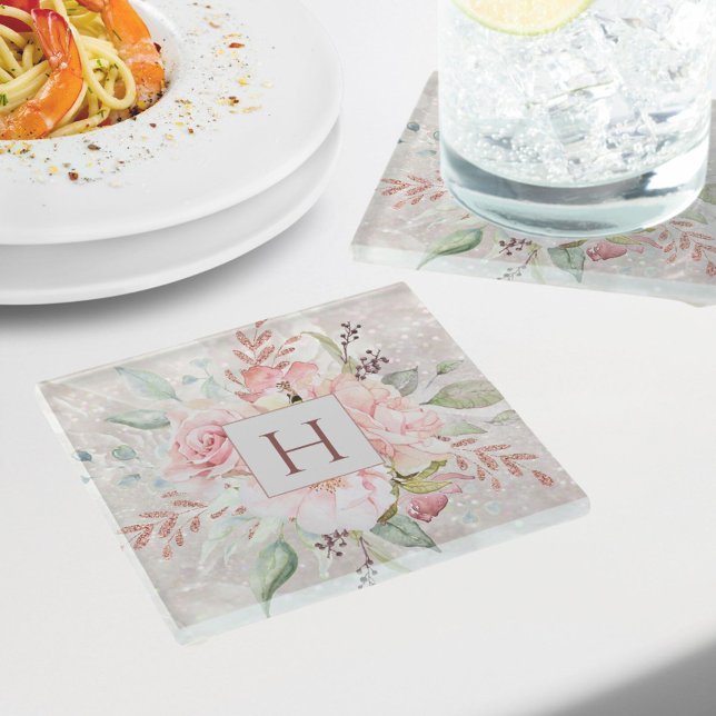 Monogram Elegant Pink Rose Peony Floral Marble Glass Coaster (In situ)