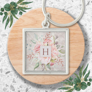 Monogram Elegant Pink Rose Peony Floral Marble Key Ring