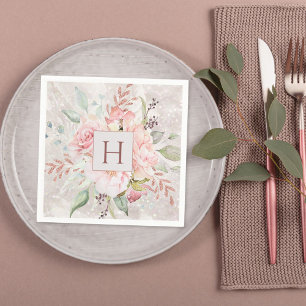 Monogram Elegant Pink Rose Peony Floral Marble Napkin