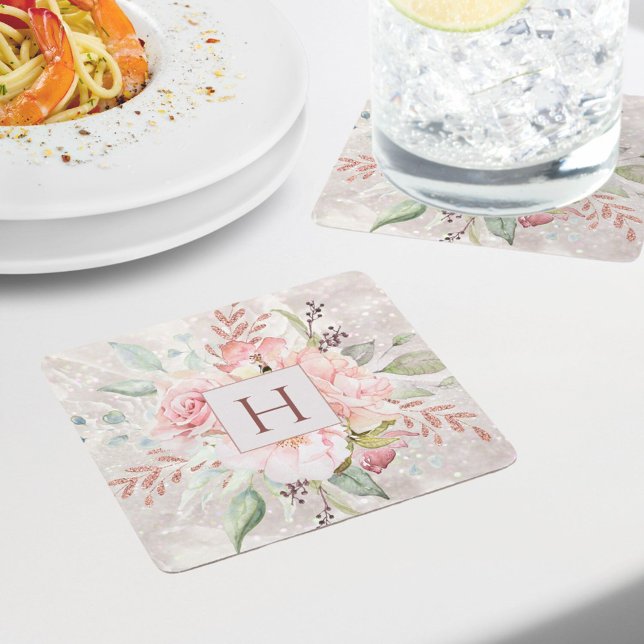Monogram Elegant Pink Rose Peony Floral Marble Square Paper Coaster (In situ)