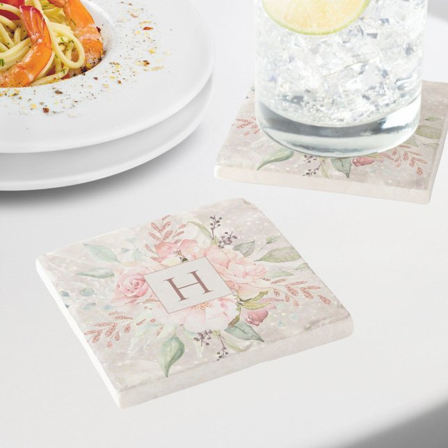 Monogram Elegant Pink Rose Peony Floral Marble Stone Coaster (In situ)