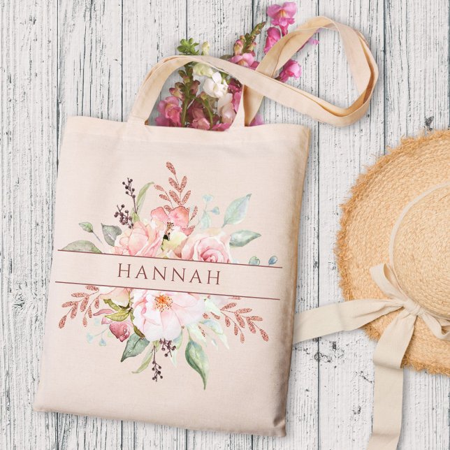 Monogram Elegant Pink Rose Peony Floral  Tote Bag (In situ)