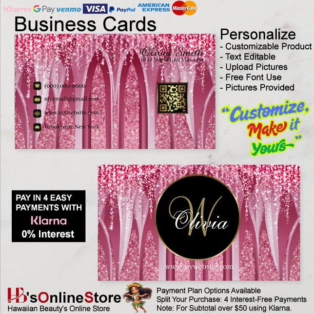 Monogram Elegant Pink Sparkle QR Code  Business Card (Monogram Elegant Pink Sparkle QR Code Business Card 37.)