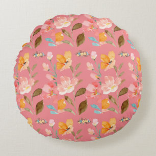 Monogram Elegant Pink Watercolor  Round Cushion