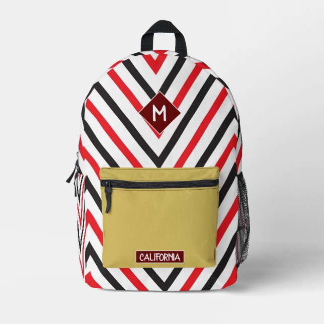 Monogram elegant pretty Zigzag Chevron red white Printed Backpack (Front)