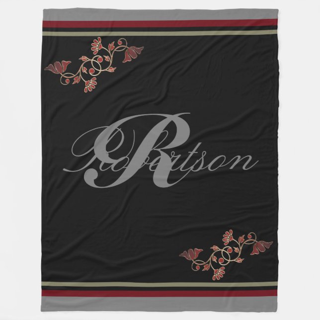 Monogram Elegant Red Black Ruby Grey Fleece Blanket (Front)