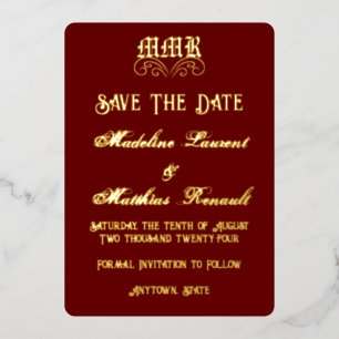 Monogram Elegant Red & Gold Save the Date