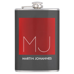 Monogram Elegant Red Grey Add Name Initials Hip Flask