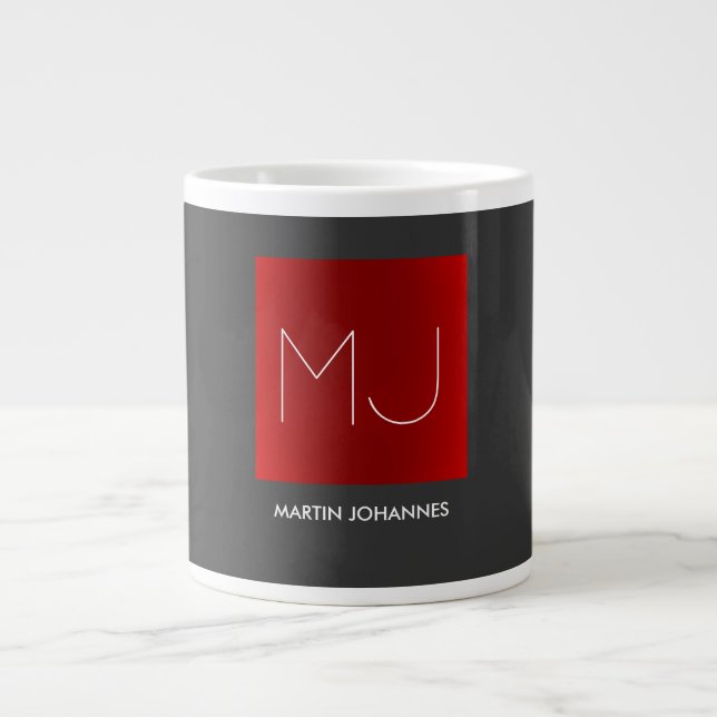Monogram Elegant Red Grey Add Name Initials Large Coffee Mug (Front)