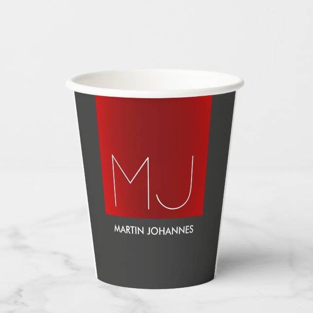 Monogram Elegant Red Grey Add Name Initials Paper Cups (Front)