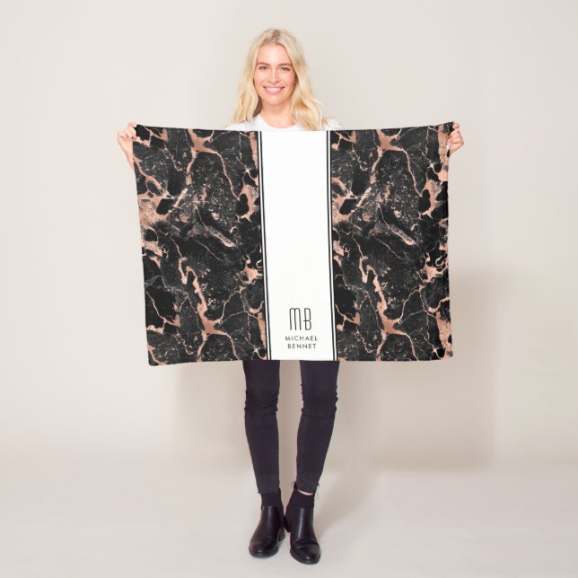 Monogram Elegant Rose Gold Black Marble Fleece Blanket (In Situ)