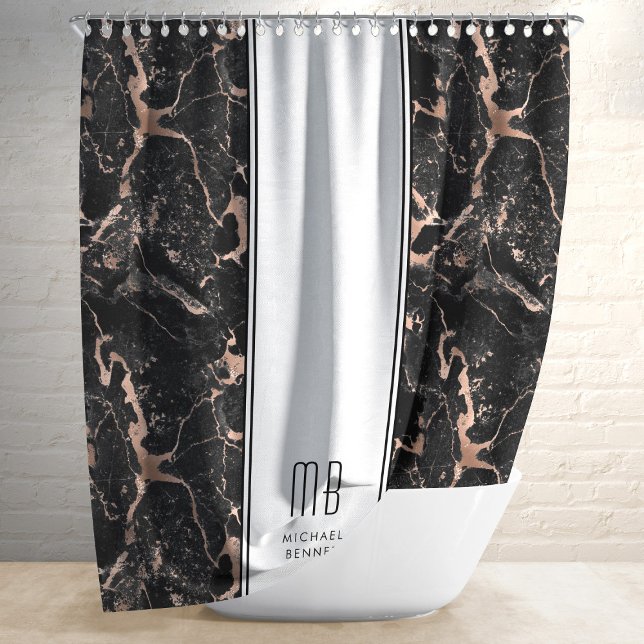 Monogram Elegant Rose Gold Black Marble  Shower Curtain (Creator Uploaded)