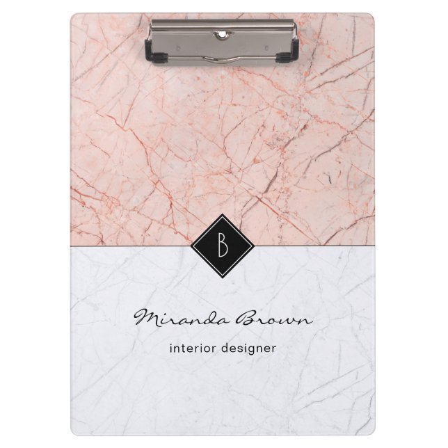 Monogram Elegant Rose Gold Grey Marble Clipboard (Front)