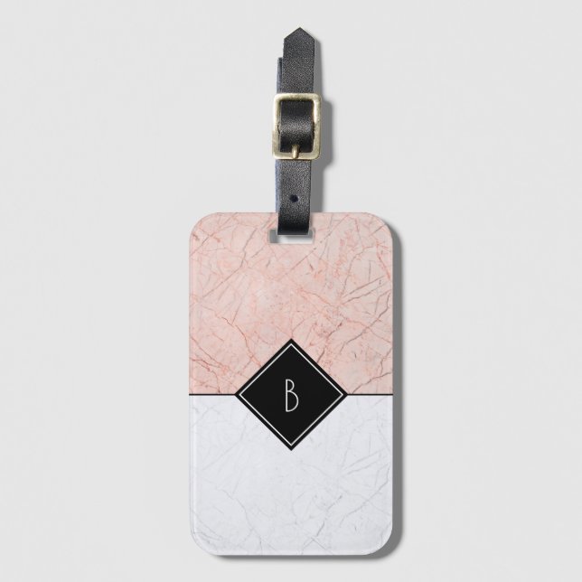 Monogram Elegant Rose Gold Grey Marble Luggage Tag (Front Vertical)
