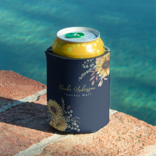 Monogram Elegant Rustic Sunflowers Math Teacher Can Cooler