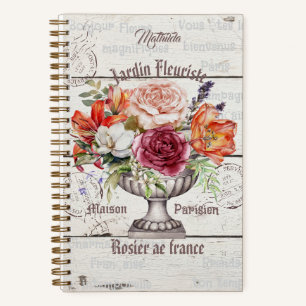 Monogram elegant rustic wood floral French artwork Notebook