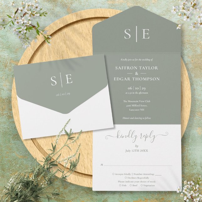Monogram Elegant Sage Green Minimalist Wedding All In One Invitation (Monogram Elegant Sage Green Minimalist Wedding All In One Invitation)