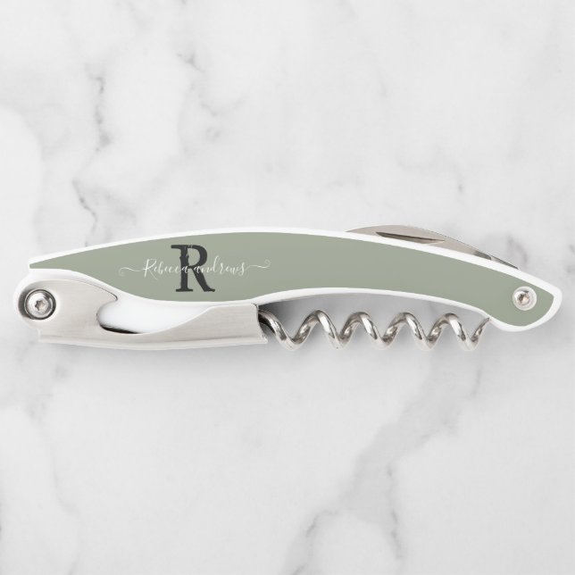 Monogram Elegant Sage Green Script Initial Name Corkscrew (Front)
