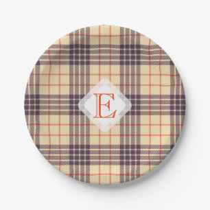 Monogram, elegant Scottish clan beige plaid tartan Paper Plate