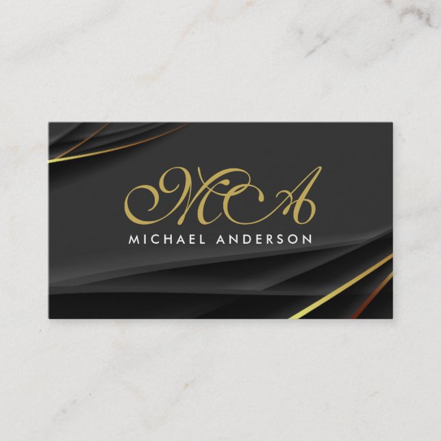 Monogram Elegant Script Black Gold Background Business Card (Front)