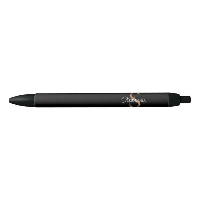Monogram Elegant Script Name Black Gold  Black Ink Pen (Front)