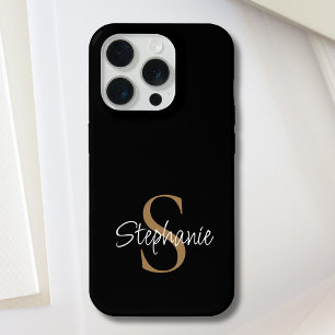Monogram Elegant Script Name Black Gold  iPhone 15 Pro Case