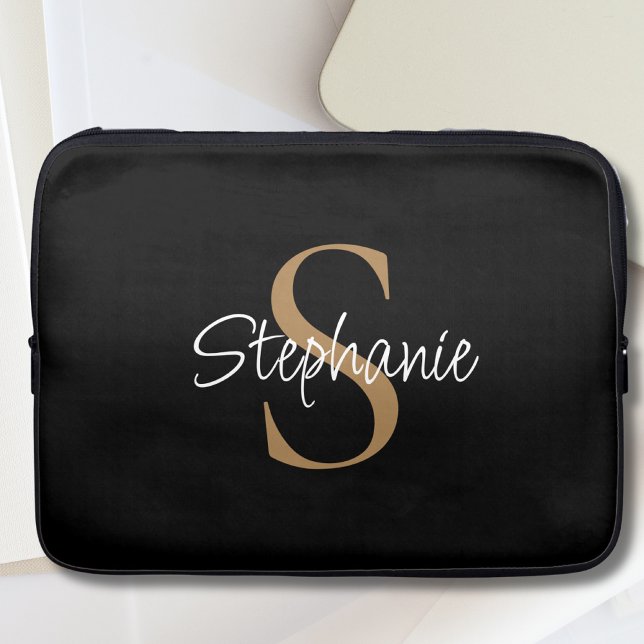  Monogram Elegant Script Name Black Gold Laptop Sleeve (Creator Uploaded)