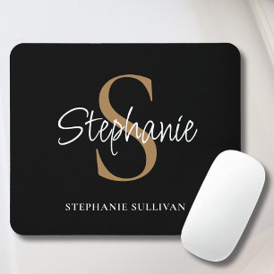 Monogram Elegant Script Name Black Gold Mouse Pad