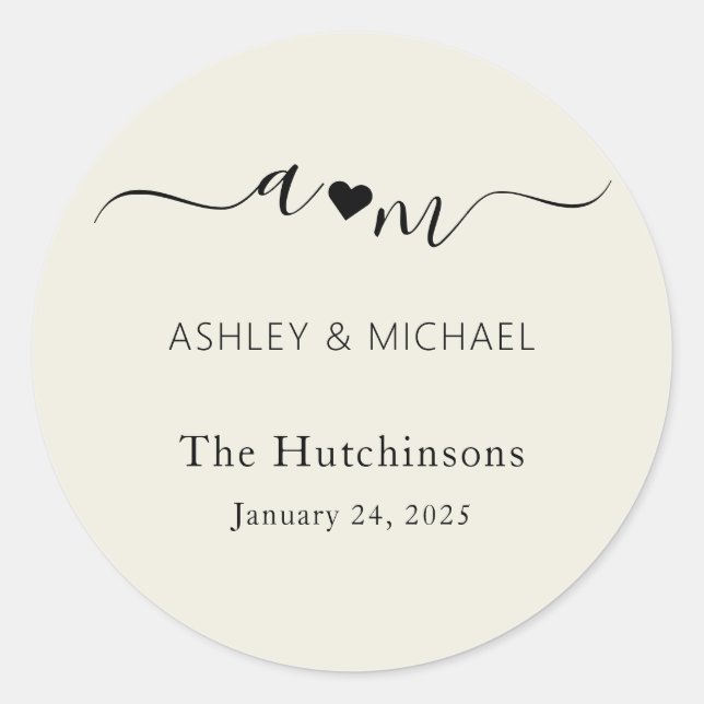 Monogram Elegant Script Wedding Classic Round Sticker (Front)